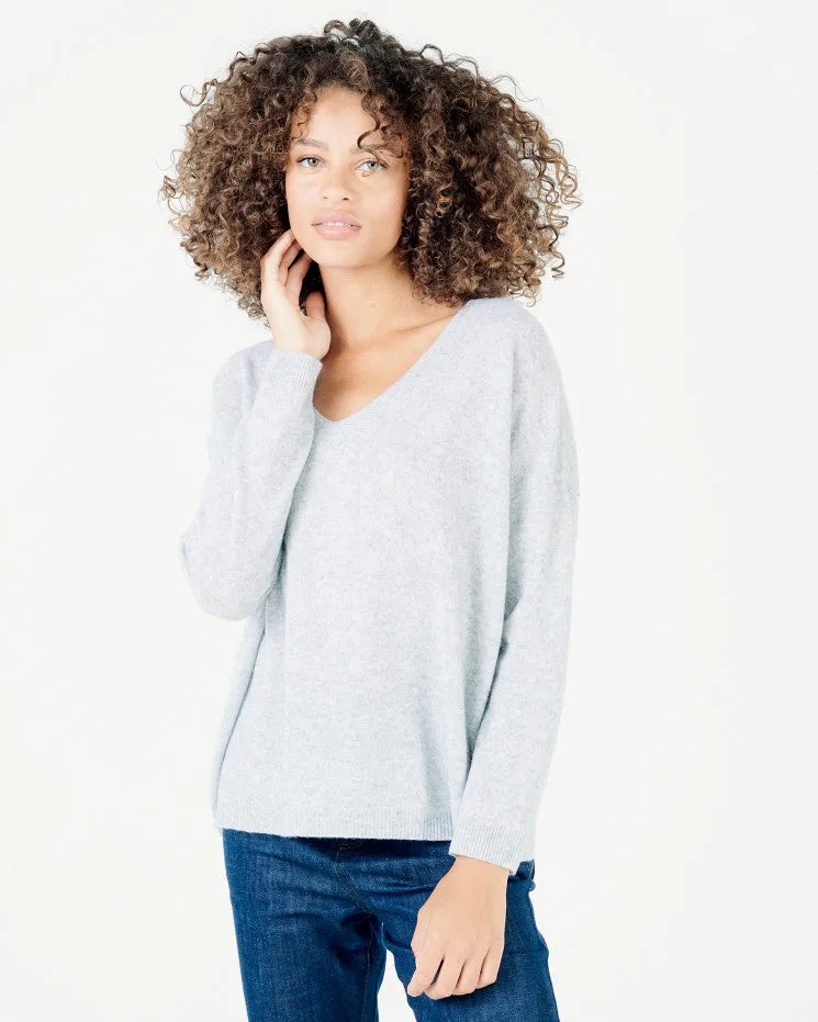 Angèle 100% Cashmere Oversized V-Neck Sweater - Light Heather Grey