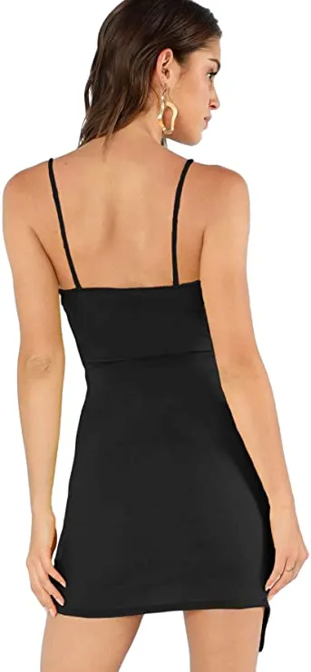 Apricot Solid Women's Ruched Asymmetrical Deep V Neck Sleeveless Bodycon Tank Dress - Verdusa