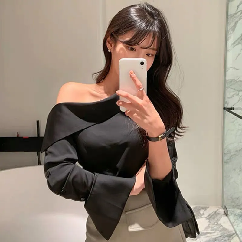 Asymmetrical Designer Off-Shoulder Button-Up Sleeve Shirt