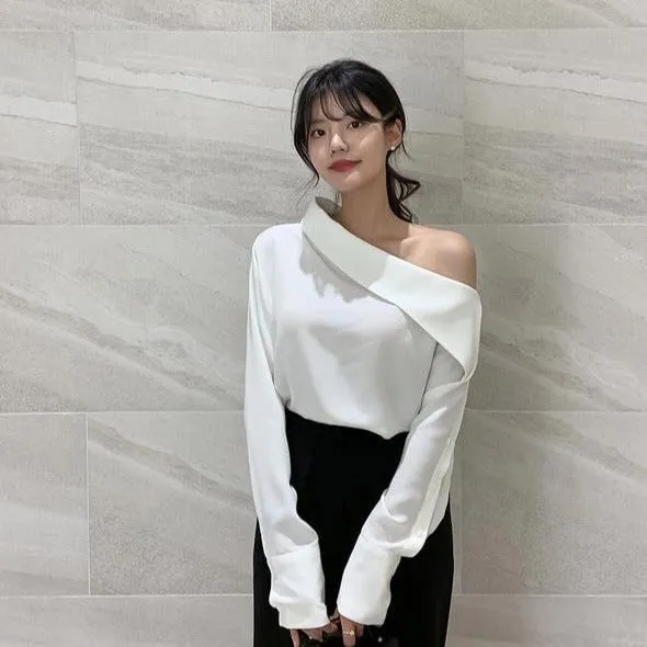 Asymmetrical Designer Off-Shoulder Button-Up Sleeve Shirt