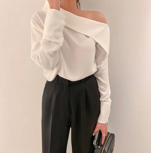 Asymmetrical Designer Off-Shoulder Button-Up Sleeve Shirt
