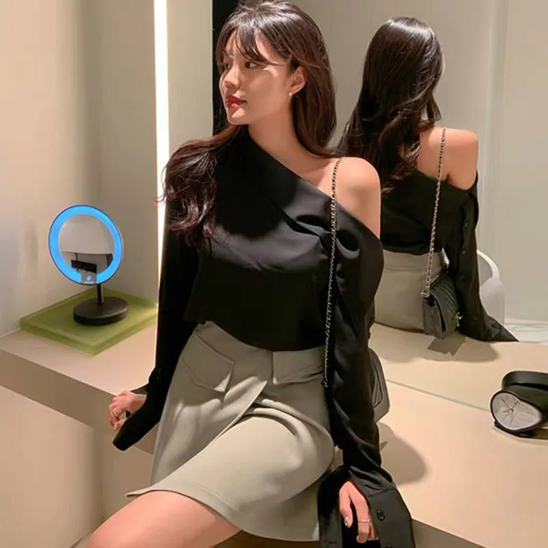 Asymmetrical Designer Off-Shoulder Button-Up Sleeve Shirt