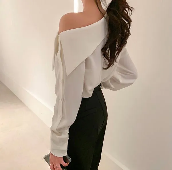 Asymmetrical Designer Off-Shoulder Button-Up Sleeve Shirt