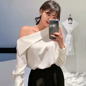 Asymmetrical Designer Off-Shoulder Button-Up Sleeve Shirt