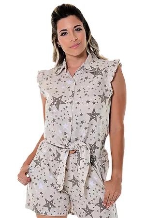Azucar Ladies 100% Linen Sleeveless Blouse with Hen Ties & Ruffled Shoulder in (4) Colors-LLWB115