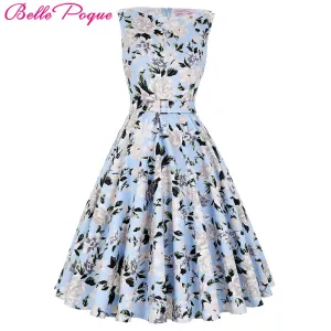 Belle Poque 2017 Summer Women Dress Cotton Sleeveless Belt Polka Dot Floral Print Vintage 50s Rockabilly Dresses Vestidos Mujer