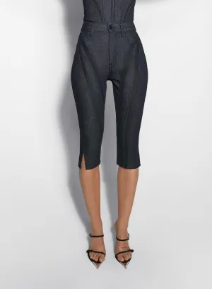 black mesh raw denim capri jeans