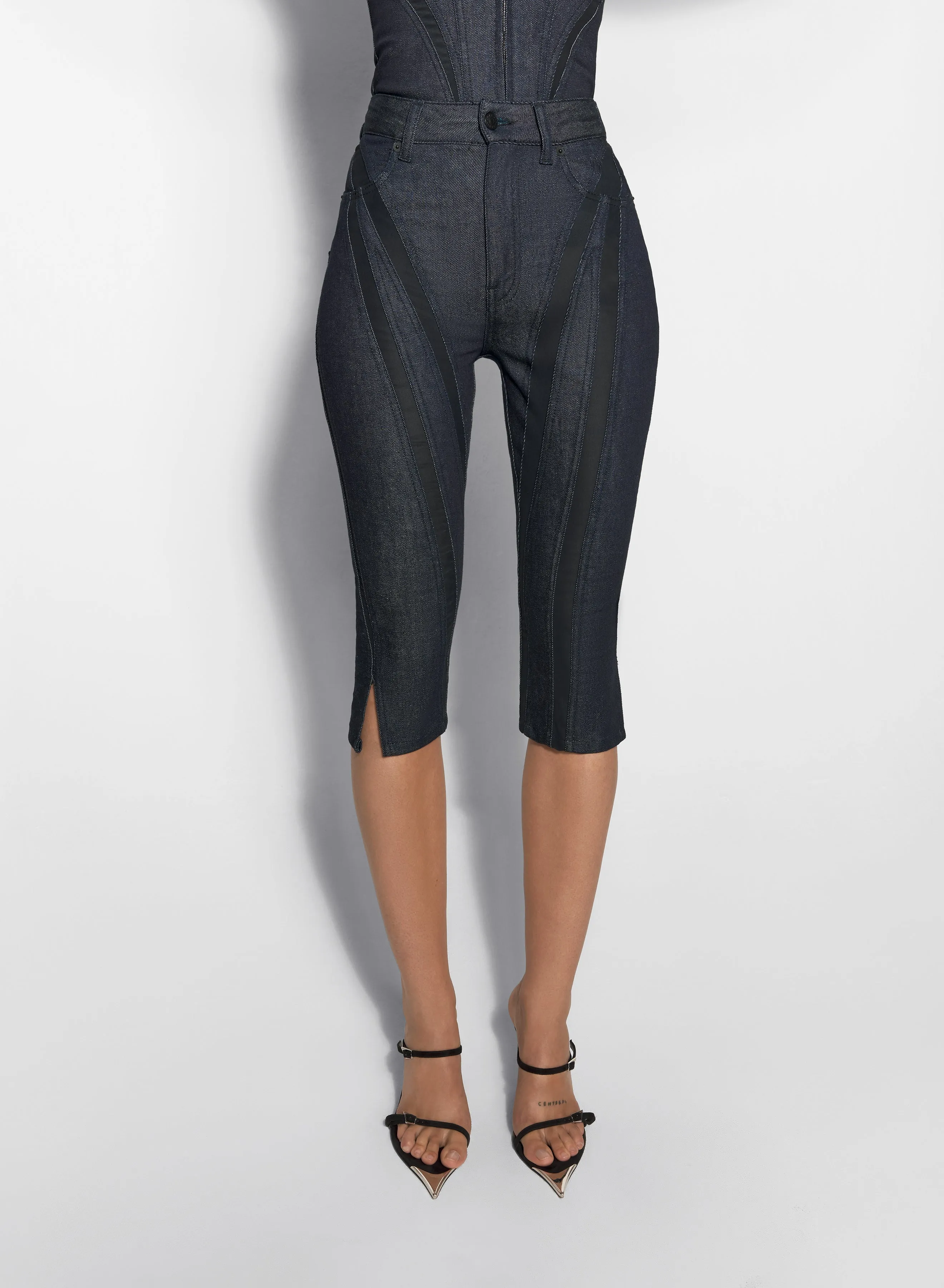 black mesh raw denim capri jeans