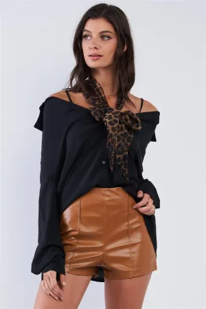 Black Oversized Button Down Off-The-Shoulder Long Sleeve Boyfriend Style Top /1-2-2