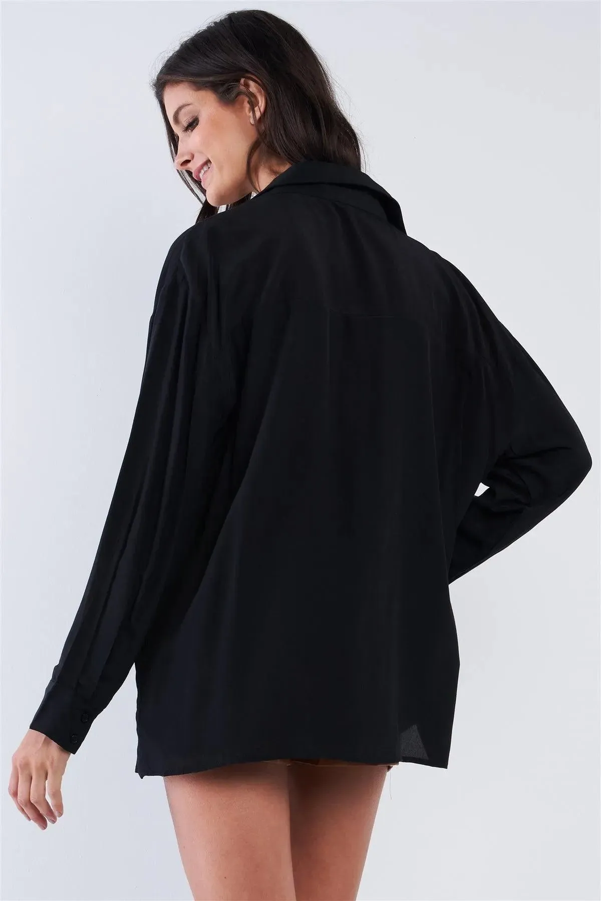 Black Oversized Button Down Off-The-Shoulder Long Sleeve Boyfriend Style Top /2-2-2
