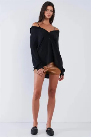 Black Oversized Button Down Off-The-Shoulder Long Sleeve Boyfriend Style Top /2-2-2