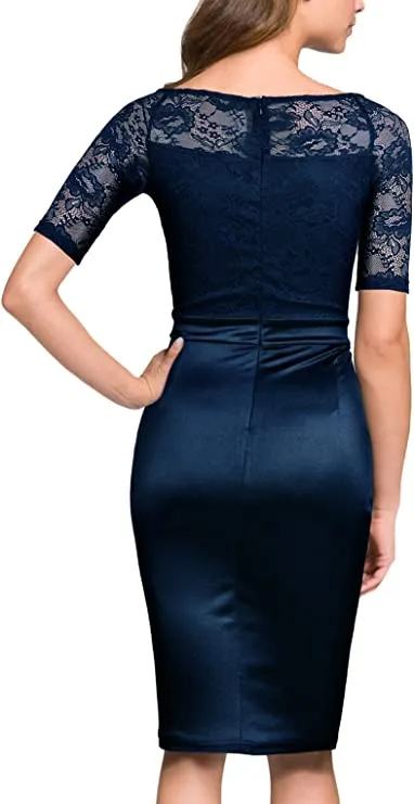 Black Women's Short Sleeve Colorblock Sheath Pencil Business Church Dress - Mmondschein