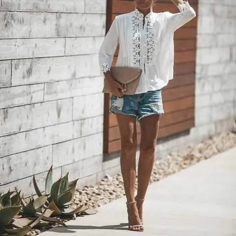 Bohemian Crochet Lace Button Up Shirt Top