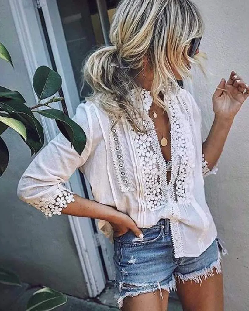 Bohemian Crochet Lace Button Up Shirt Top