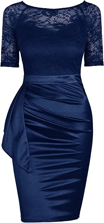 Bright Blue Women's Short Sleeve Colorblock Sheath Pencil Business Church Dress - Mmondschein