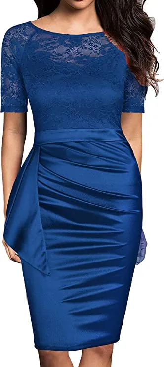Bright Blue Women's Short Sleeve Colorblock Sheath Pencil Business Church Dress - Mmondschein