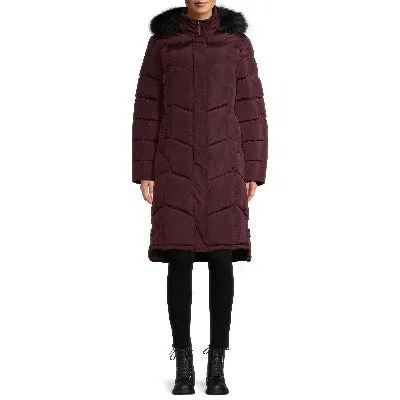 Chevron Quilted Maxi Coat with Faux Fur Hood Figc