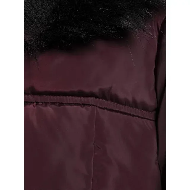 Chevron Quilted Maxi Coat with Faux Fur Hood Figc