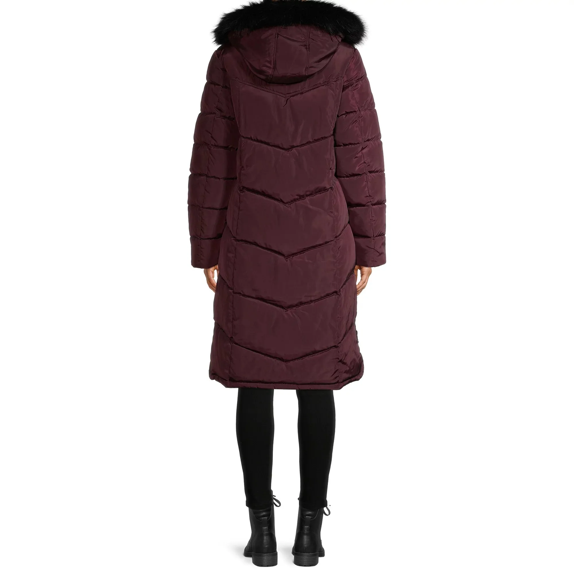 Chevron Quilted Maxi Coat with Faux Fur Hood Figc