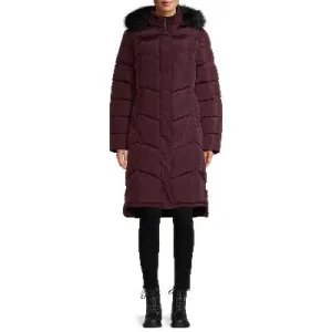Chevron Quilted Maxi Coat with Faux Fur Hood Figc