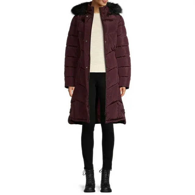 Chevron Quilted Maxi Coat with Faux Fur Hood Figc