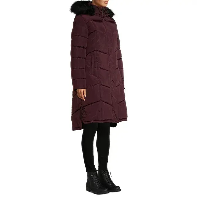 Chevron Quilted Maxi Coat with Faux Fur Hood Figc