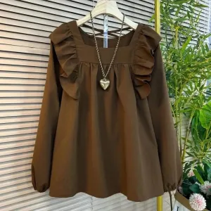 DAILOU Oversized Ruffled Square Neck Shirt for Women