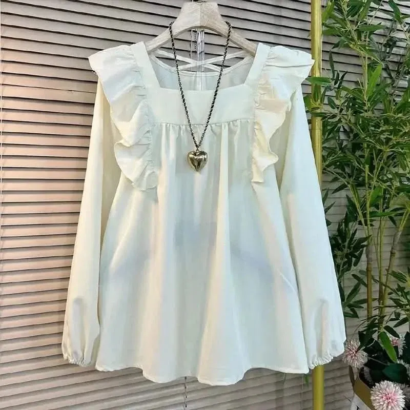 DAILOU Oversized Ruffled Square Neck Shirt for Women