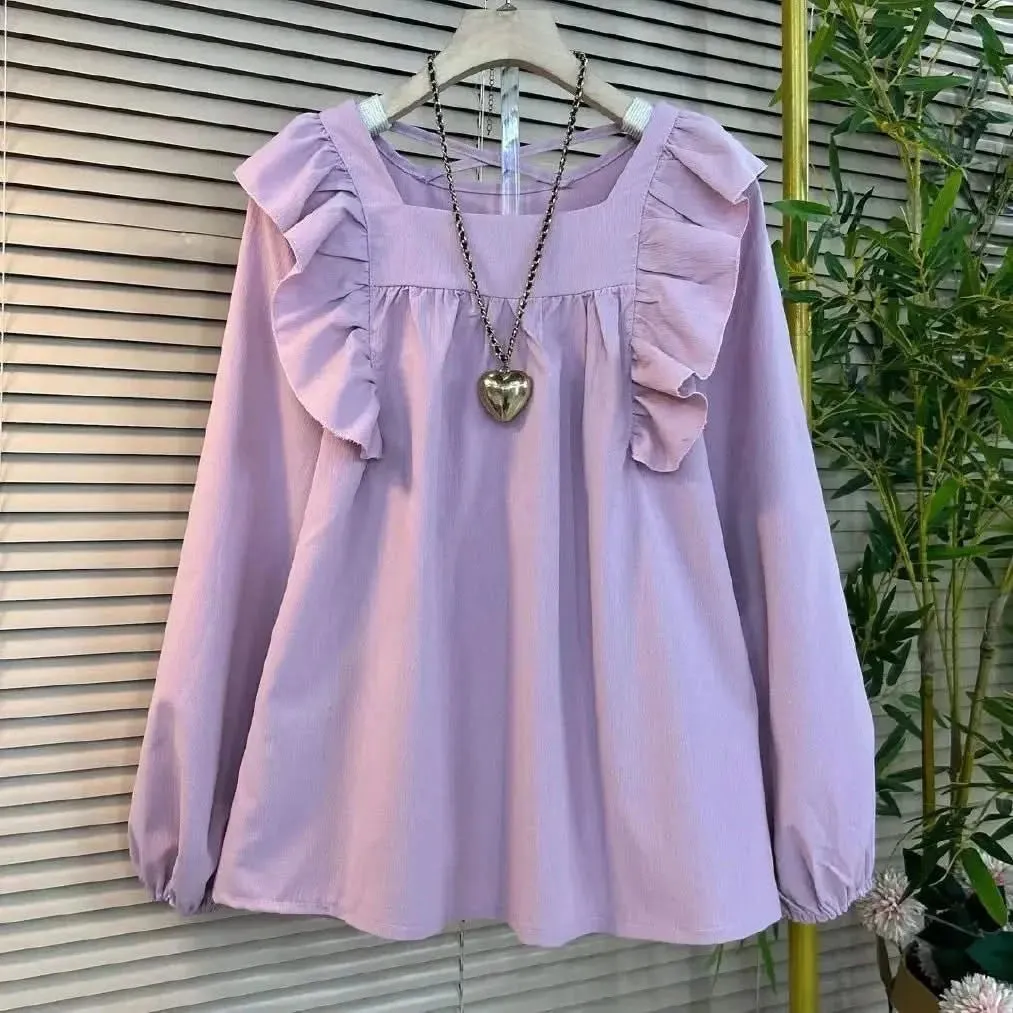 DAILOU Oversized Ruffled Square Neck Shirt for Women