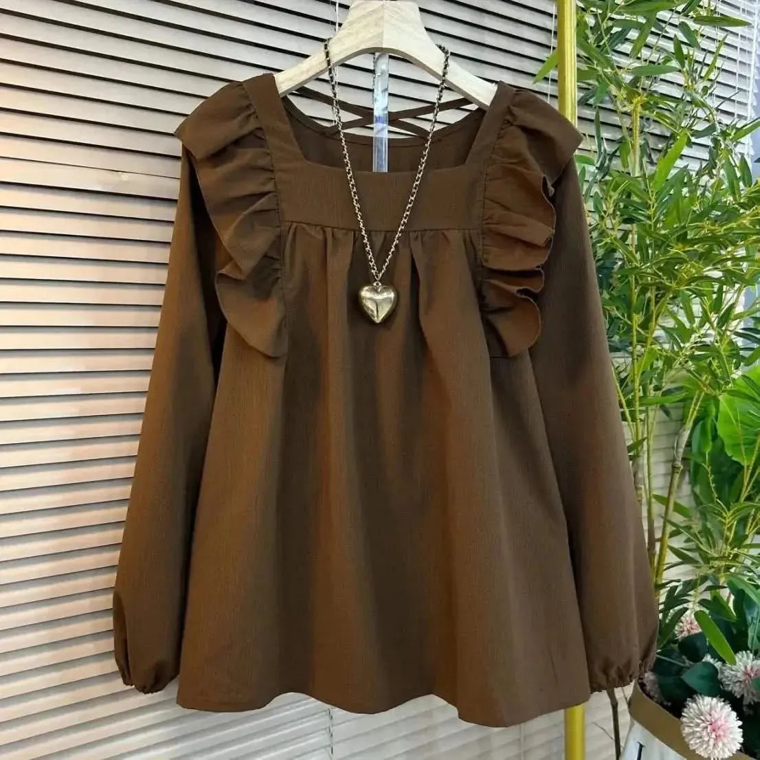 DAILOU Oversized Ruffled Square Neck Shirt for Women