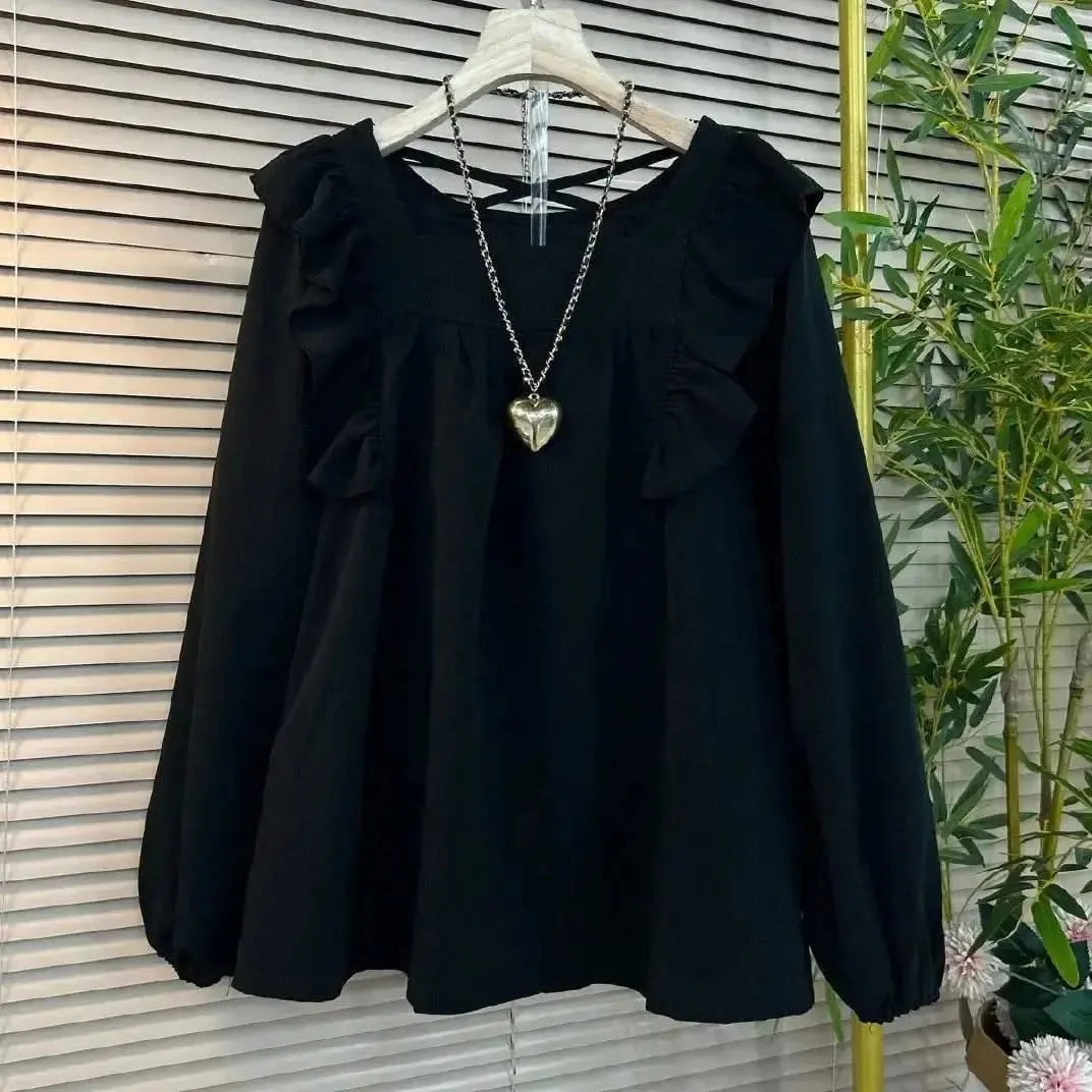 DAILOU Oversized Ruffled Square Neck Shirt for Women