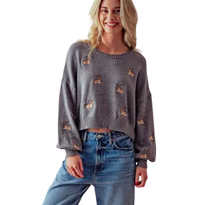 Deer Embroidery Rib Knit Sweater