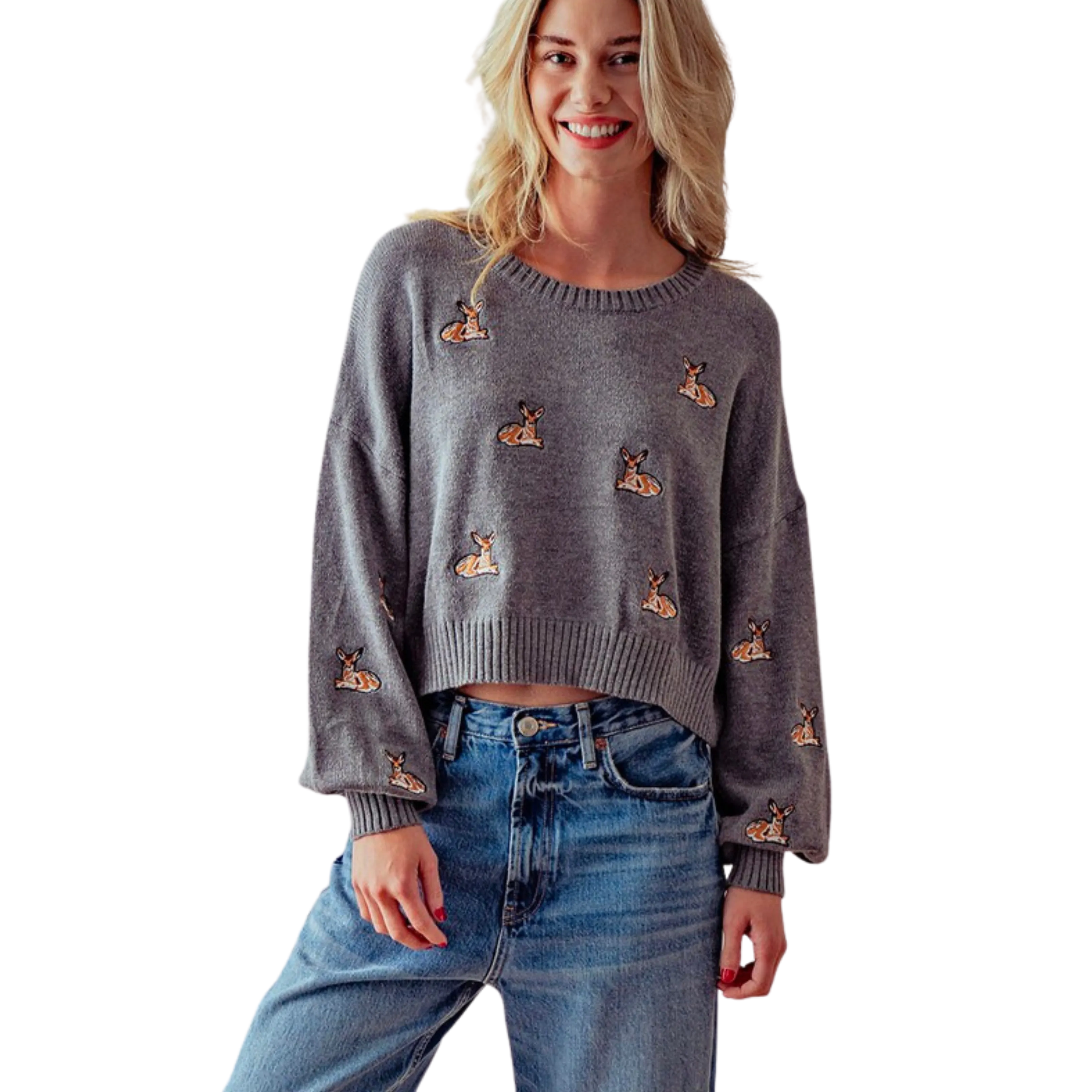 Deer Embroidery Rib Knit Sweater