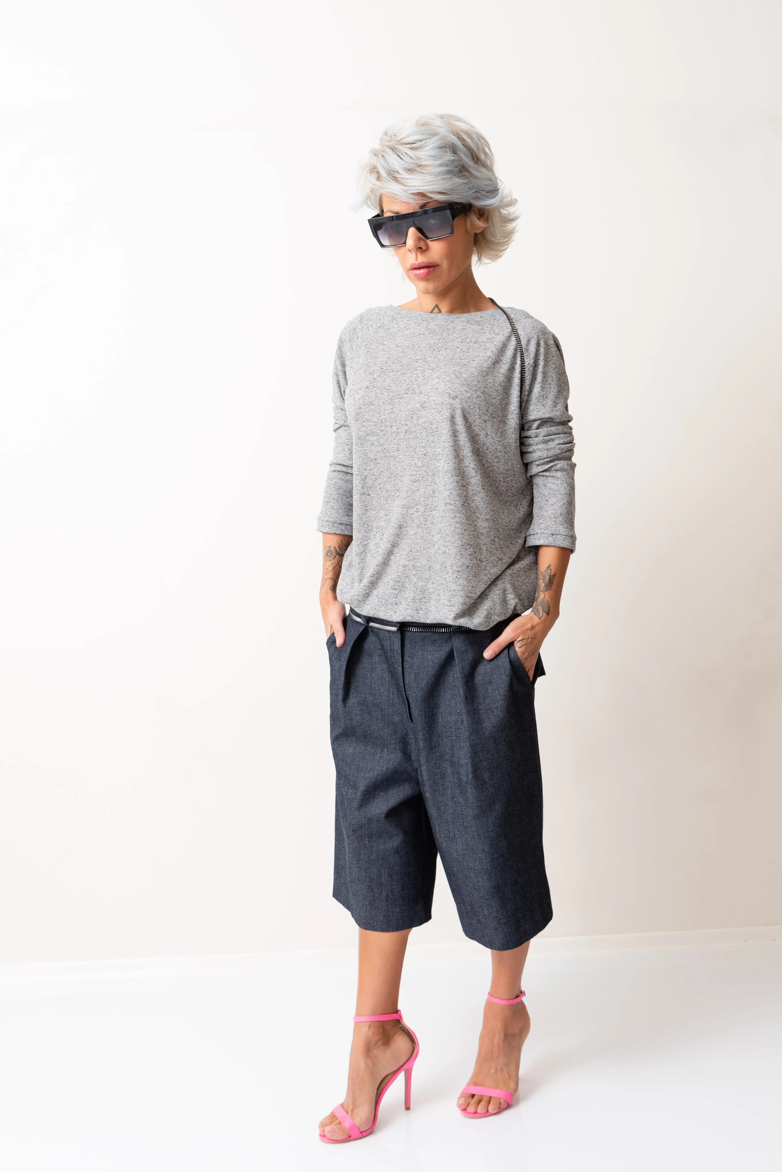 Denim Drop-Crotch Shorts