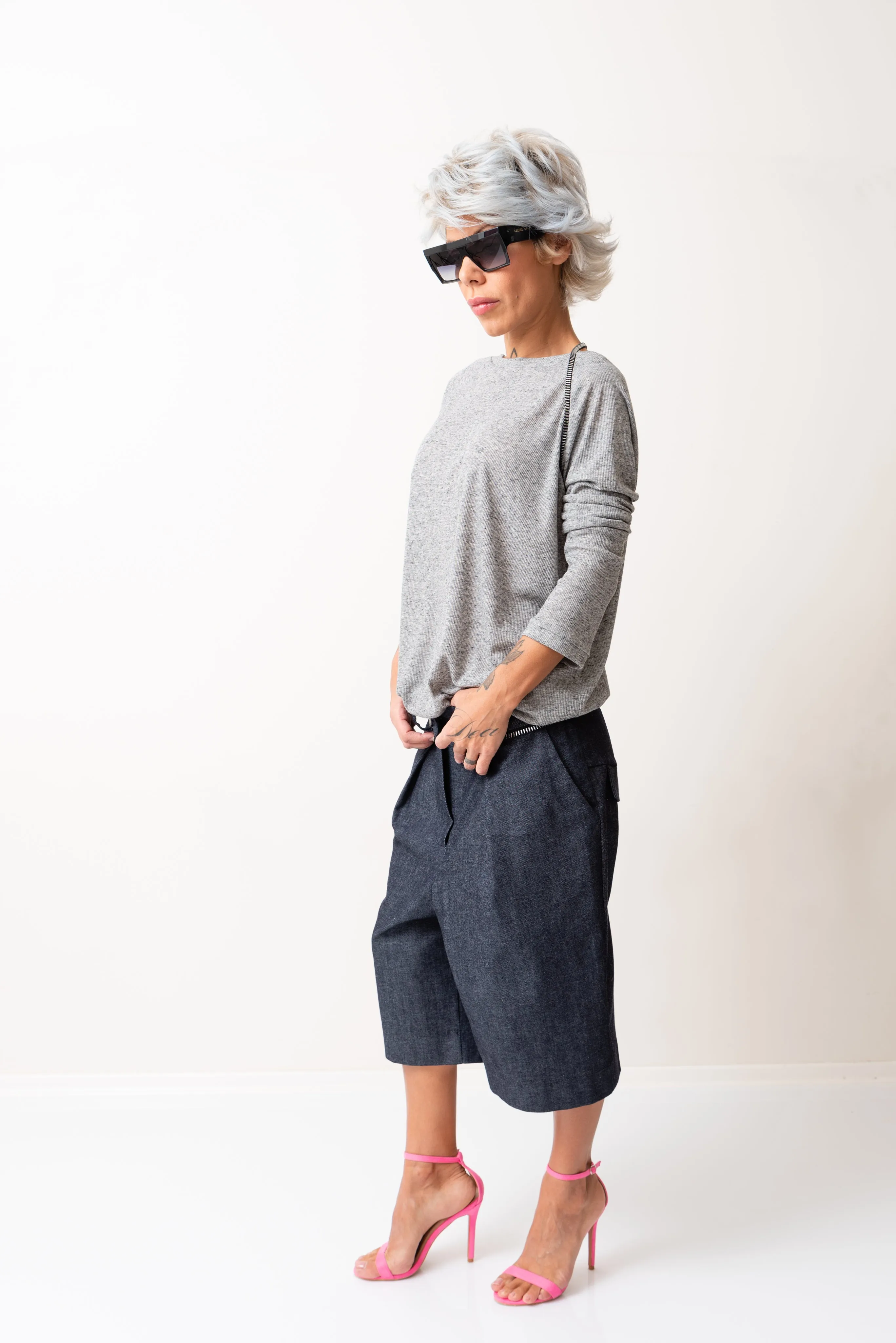 Denim Drop-Crotch Shorts
