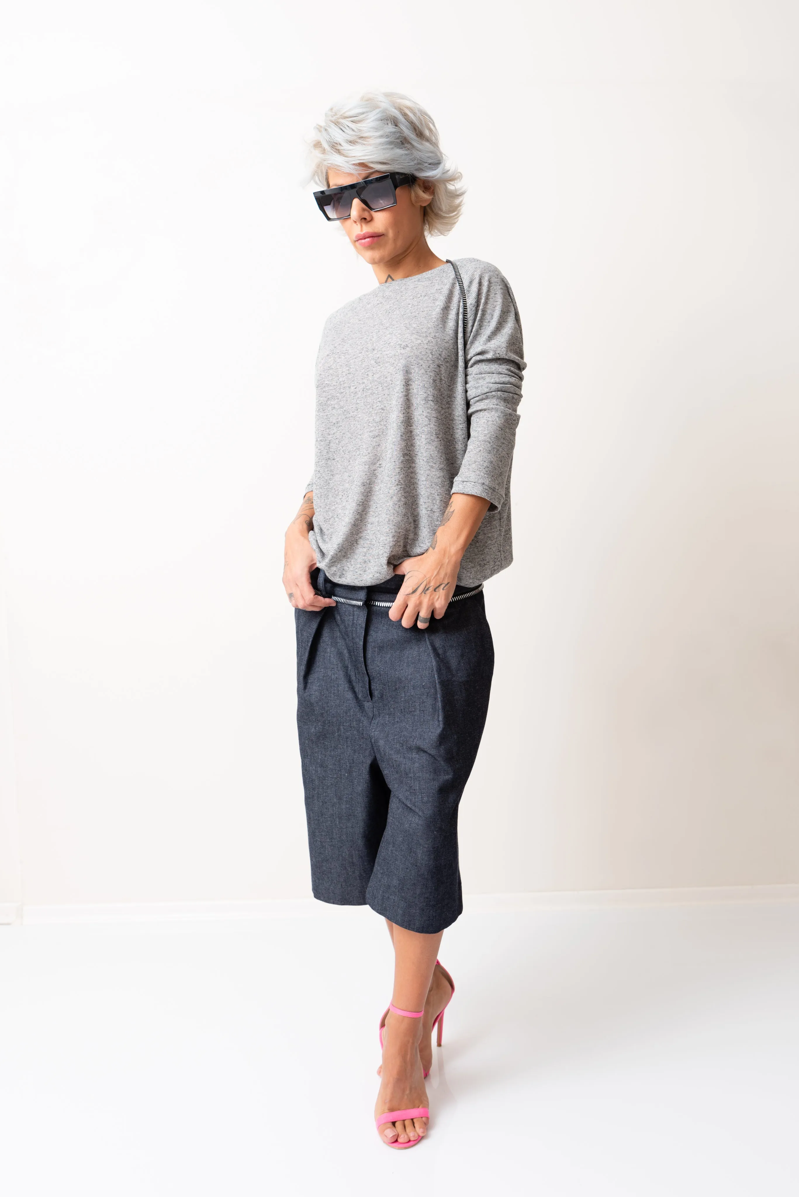 Denim Drop-Crotch Shorts