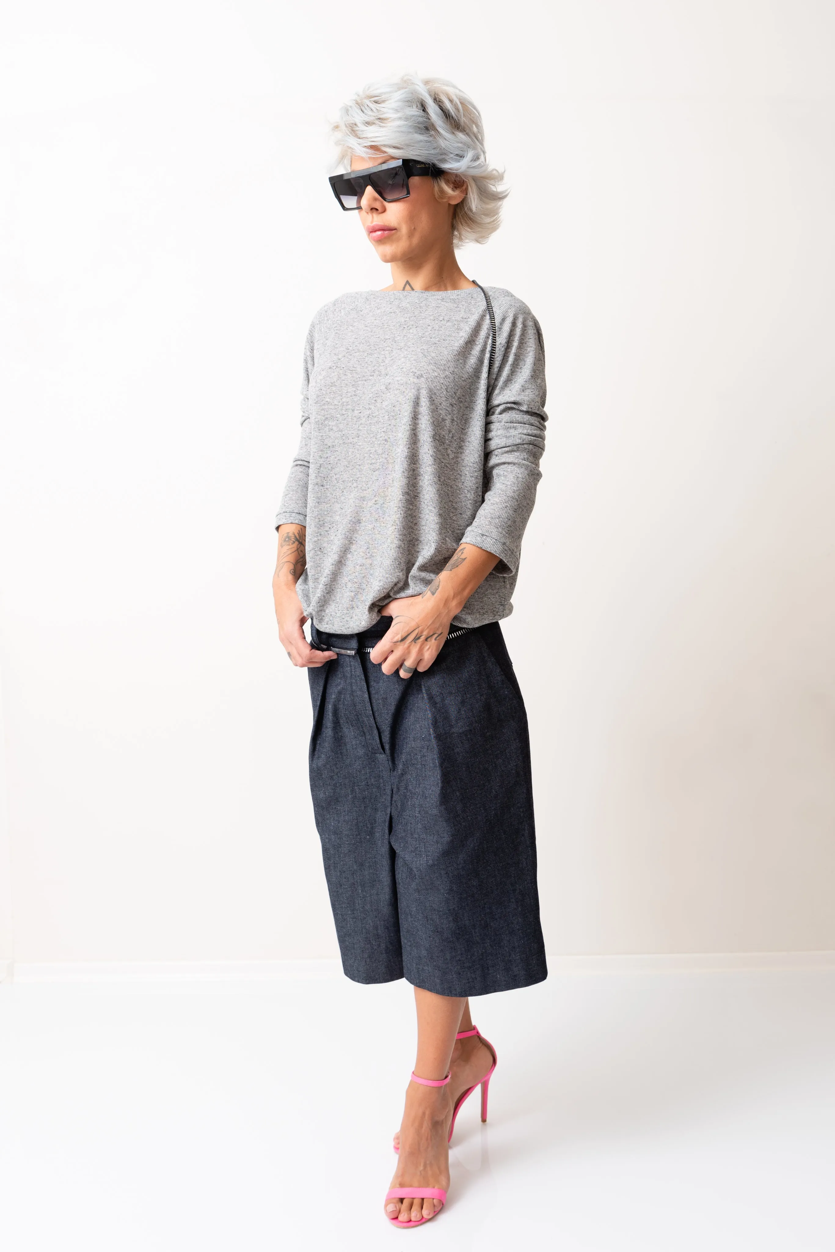 Denim Drop-Crotch Shorts
