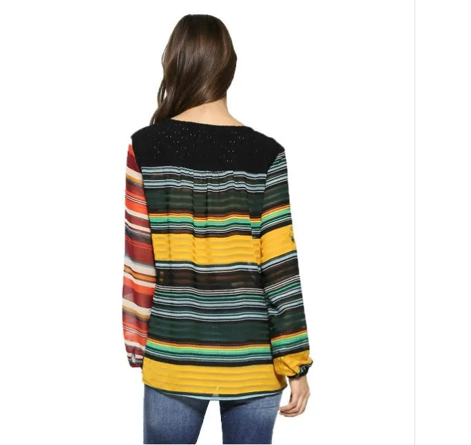 Desigual Colourful Striped Floral Sheer Long Sleeve Top