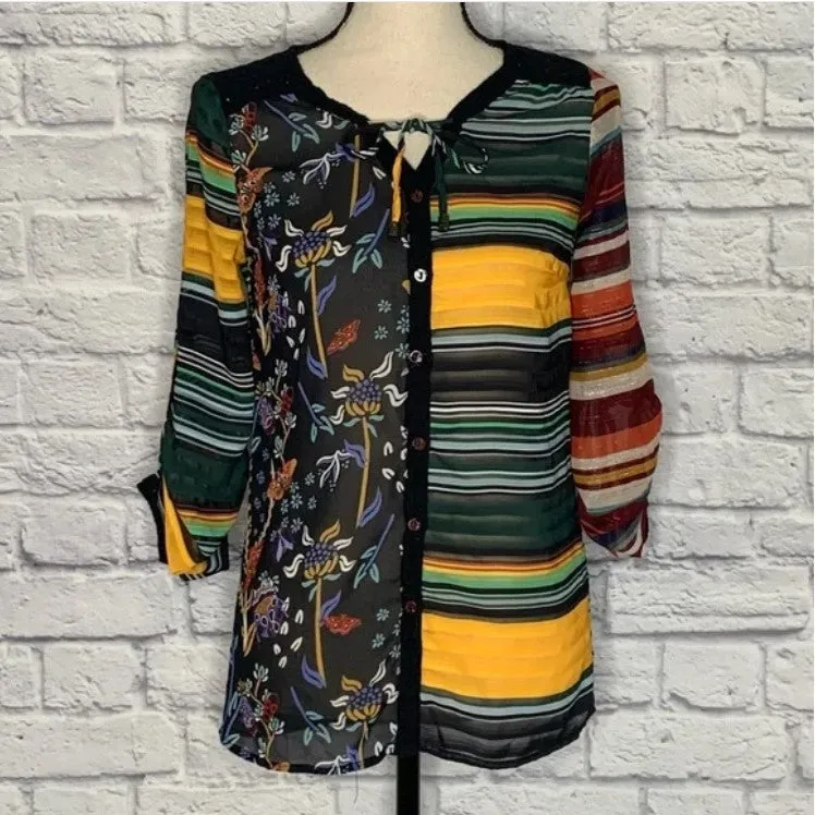 Desigual Colourful Striped Floral Sheer Long Sleeve Top