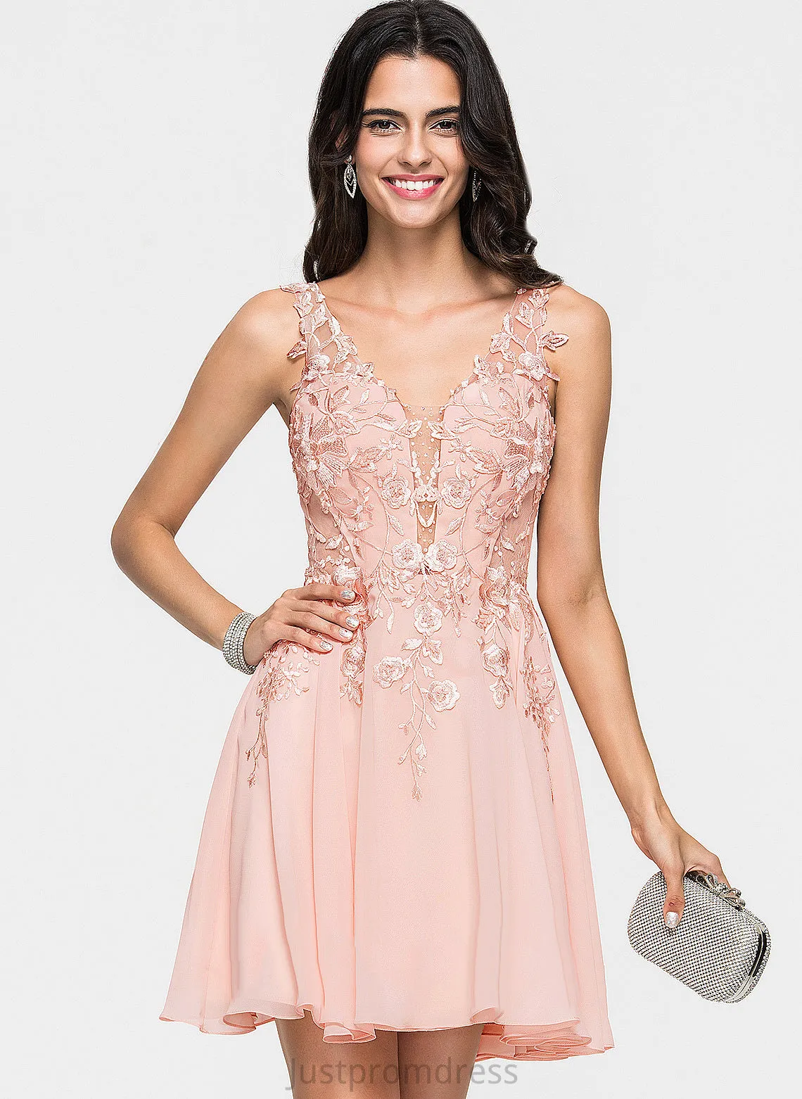 Dress Beading Lace A-Line Cocktail Dresses Short/Mini V-neck Chiffon Barbara With Cocktail