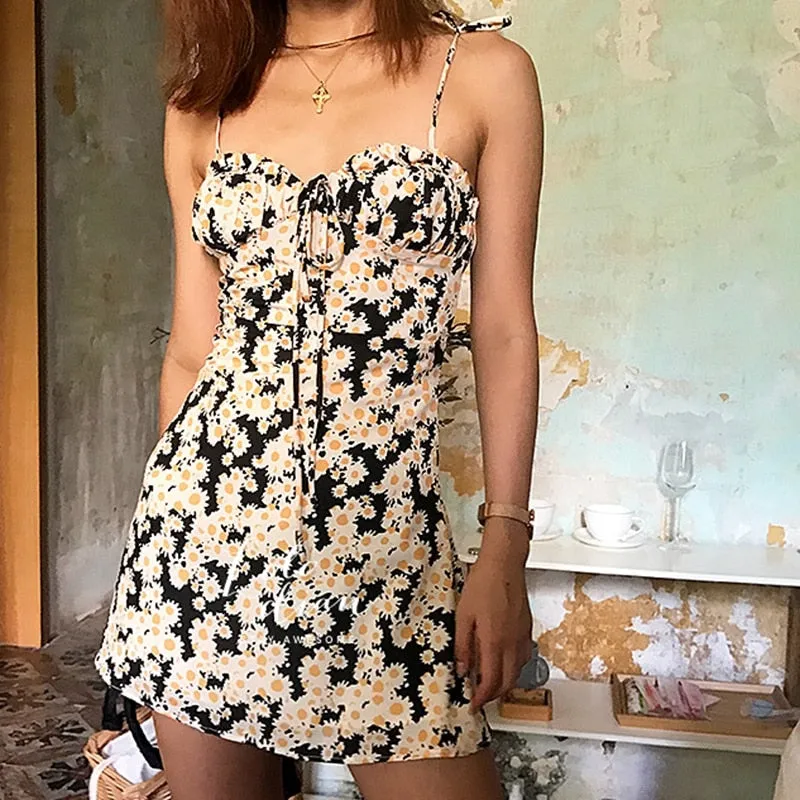 Elegant Yellow Floral Tunic Cami Vintage Dress