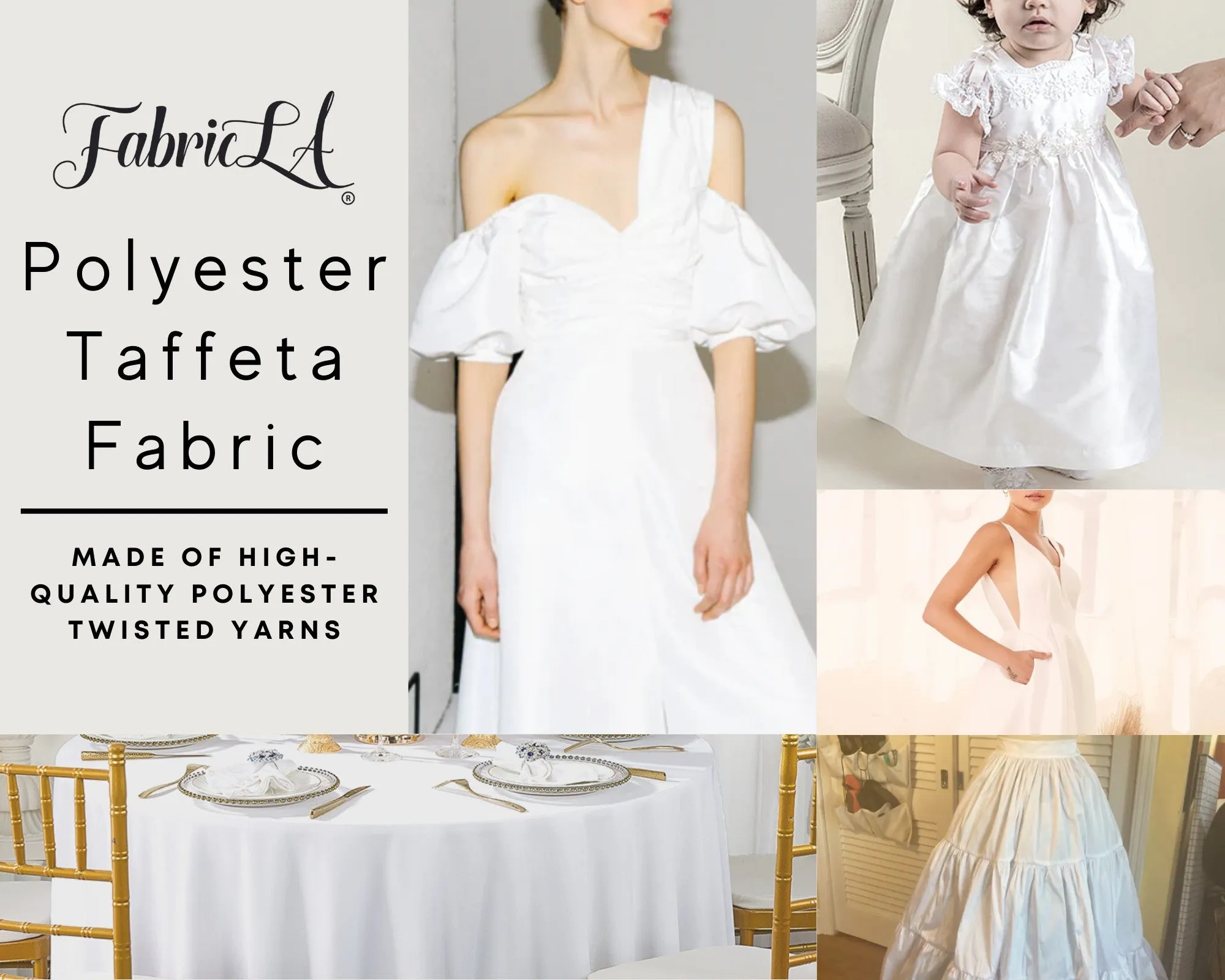 FabricLA Polyester Taffeta 100% Solid Fabric | White