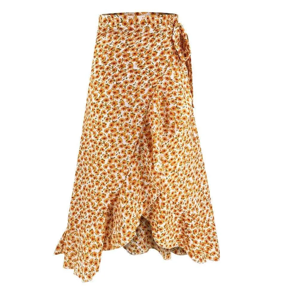 FashionSierra - Women Boho Floral Jersey Gypsy High Waist Long Skirt Ladies Summer Beach Holiday Casual Ruffle Wrap Sundress