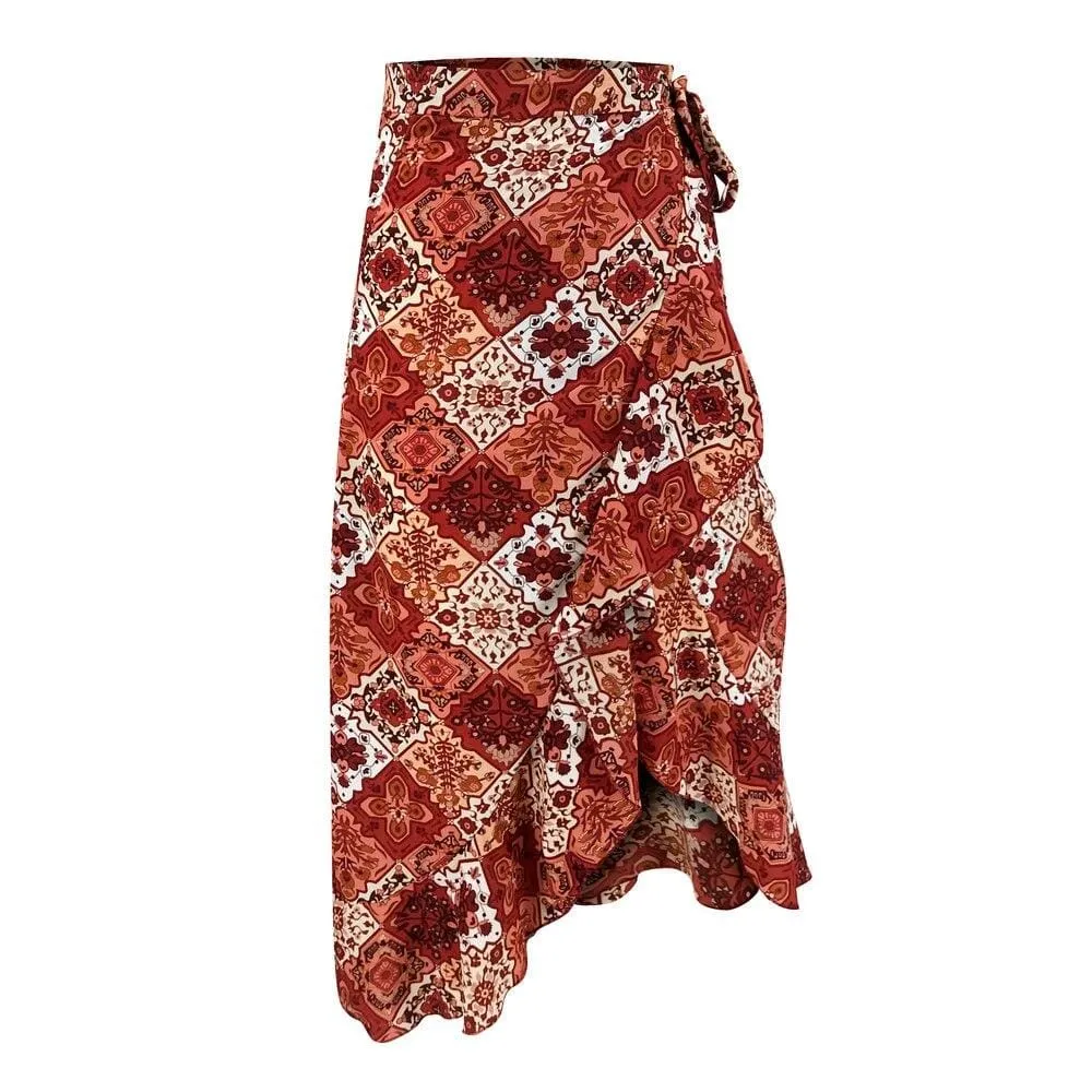FashionSierra - Women Boho Floral Jersey Gypsy High Waist Long Skirt Ladies Summer Beach Holiday Casual Ruffle Wrap Sundress
