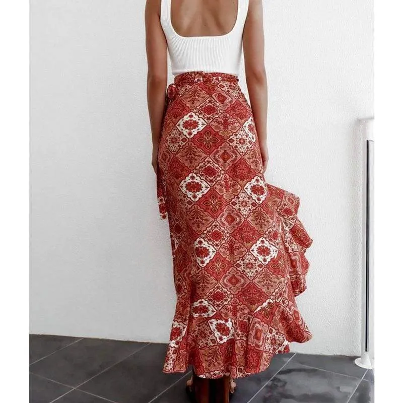 FashionSierra - Women Boho Floral Jersey Gypsy High Waist Long Skirt Ladies Summer Beach Holiday Casual Ruffle Wrap Sundress