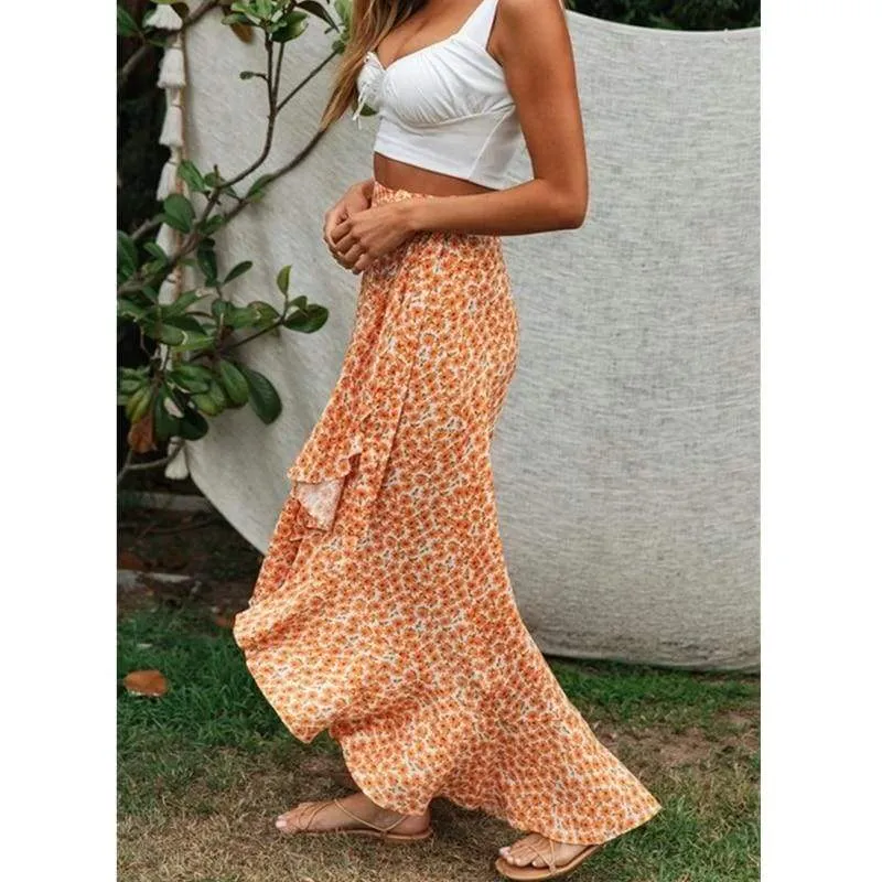 FashionSierra - Women Boho Floral Jersey Gypsy High Waist Long Skirt Ladies Summer Beach Holiday Casual Ruffle Wrap Sundress