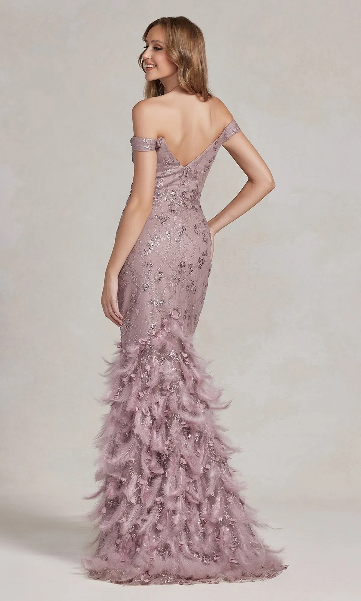Feather-Skirt Off-Shoulder Long Prom Dress C1106