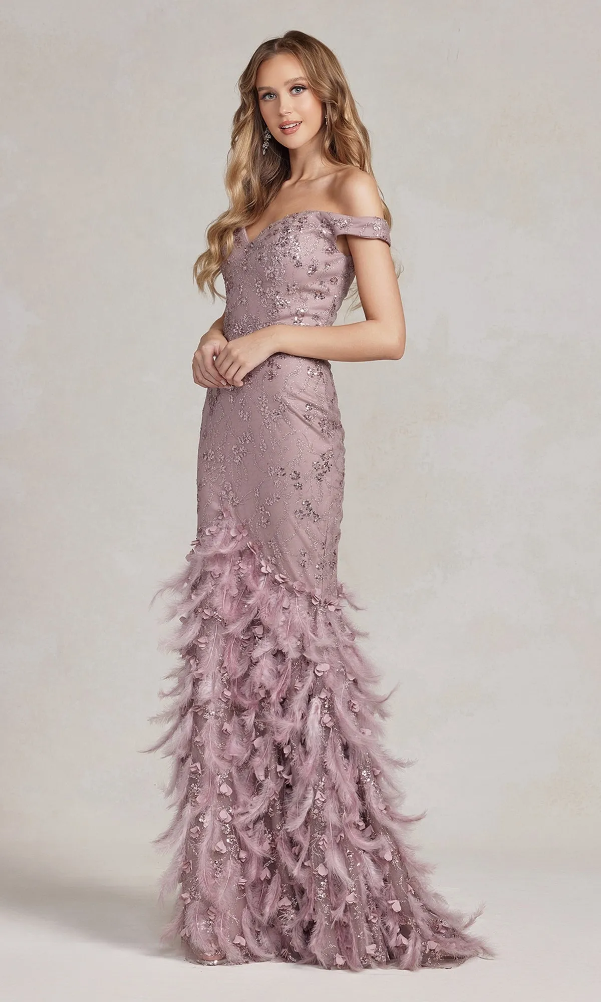 Feather-Skirt Off-Shoulder Long Prom Dress C1106