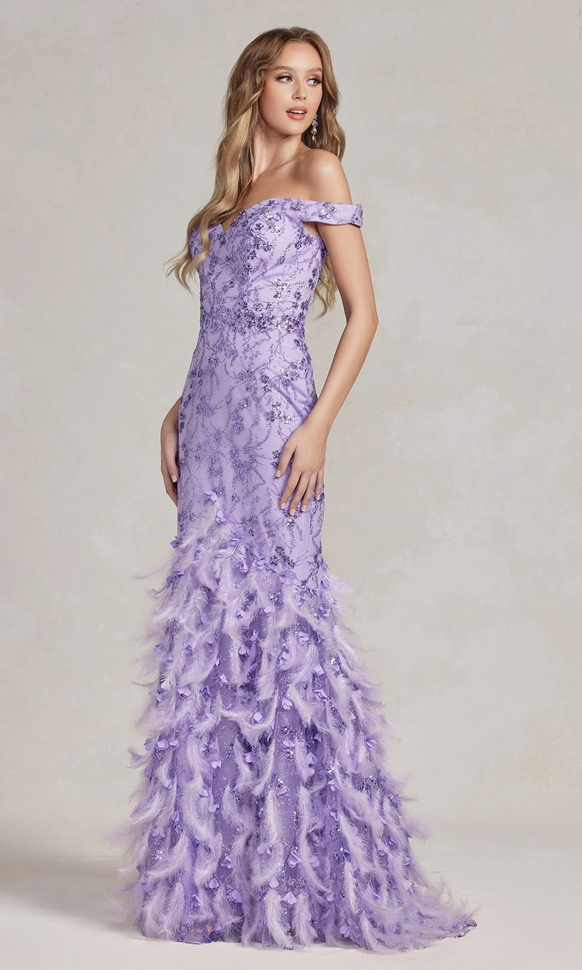 Feather-Skirt Off-Shoulder Long Prom Dress C1106