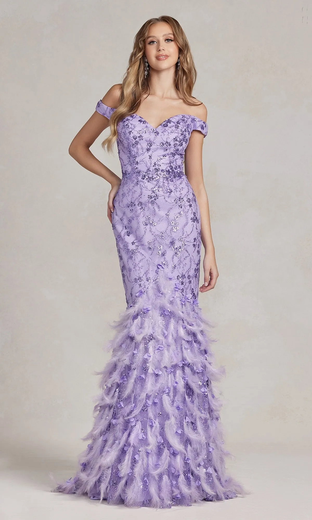 Feather-Skirt Off-Shoulder Long Prom Dress C1106
